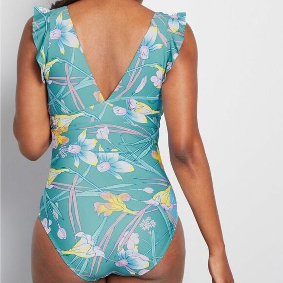 Modcloth The Kelsie Blue Floral Deep V One-Piece Swimsuit S - Picture 2 of 10